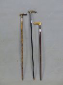 TWO HORN AND AN ANTLER HANDLED WALKING STICK WITH HALLMARKED SILVER BANDS