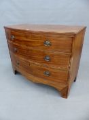 A 19th.C. MAHOGANY BOW FRONT CHEST OF THREE LONG DRAWERS. W 107 x D 54 x H 84cms.