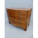 A 19th.C. MAHOGANY BOW FRONT CHEST OF THREE LONG DRAWERS. W 107 x D 54 x H 84cms.