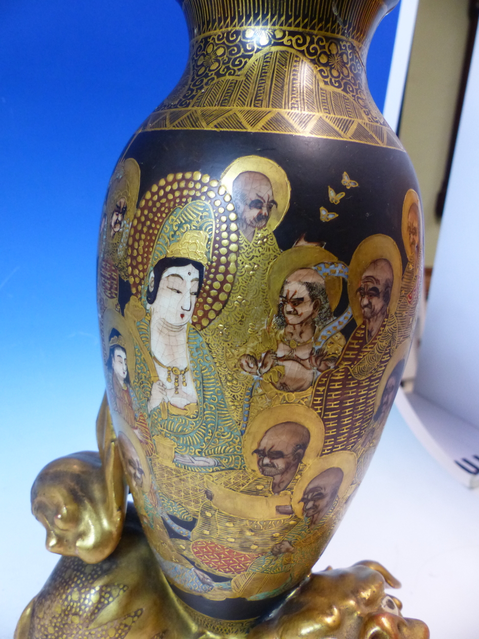 A PAIR OF SATSUMA POTTERY OVOID VASES PAINTED WITH KWANNON AND LUOHANS ON A BLACK GROUND, THE - Image 11 of 18