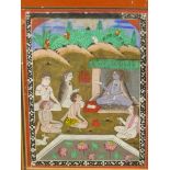 AN INDIAN MINIATURE PAINTING OF SEATED FIGURES PAYING HOMAGE TO A LEADER. 16.5 x 11.5cms. TOGETHER