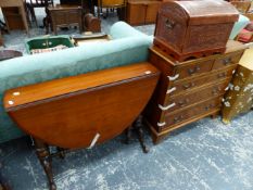 A VICTORIAN SUTHERLAND TABLE, A REPRODUCTION REGENCY STYLE YEW WOOD SMALL CHEST AND A LEATHER