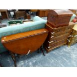 A VICTORIAN SUTHERLAND TABLE, A REPRODUCTION REGENCY STYLE YEW WOOD SMALL CHEST AND A LEATHER