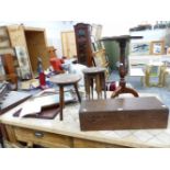 A GEORGIAN OAK LAMP TABLE, TWO STOOLS AN OAK DEED BOX A TRAY AND A MIRROR.