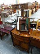 A 19TH C. CONVERTED COMMODE, TWO SMALL MIRRORS, AND A VICTORIAN OCCASIONAL TABLE.