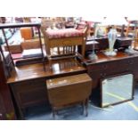 AN EDWARDIAN INLAID DRESSING TABLE AND WASH STAND, A SUTHERLAND TABLE, A PIANO STOOL AND A FURTHER
