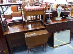 AN EDWARDIAN INLAID DRESSING TABLE AND WASH STAND, A SUTHERLAND TABLE, A PIANO STOOL AND A FURTHER