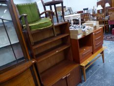 A PAIR OF RETRO TEAK BEDSIDE CABINETS, A BOOKCASE, COFFEE TABLE AND TWO CHILDS CHAIRS.