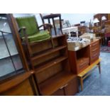 A PAIR OF RETRO TEAK BEDSIDE CABINETS, A BOOKCASE, COFFEE TABLE AND TWO CHILDS CHAIRS.