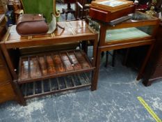 TWO RETRO TILE TOP COFFEE TABLES, AND A BIJOUTERIE TABLE.