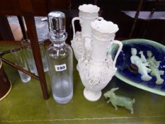 A PAIR OF BISQUE PORCELAIN VASES, A LIQUEUR DECANTER GLASSES, AN ART GLASS BOWL, JADEITE FIGURES