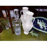 A PAIR OF BISQUE PORCELAIN VASES, A LIQUEUR DECANTER GLASSES, AN ART GLASS BOWL, JADEITE FIGURES