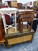 A MARBLE TOPPED FRENCH STYLE OCCASIONAL TABLE, AN ORIENTAL NEST OF TABLES, AND A CARVED ORIENTAL