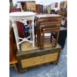 A MARBLE TOPPED FRENCH STYLE OCCASIONAL TABLE, AN ORIENTAL NEST OF TABLES, AND A CARVED ORIENTAL