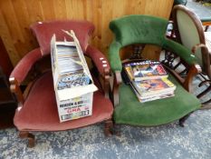 A NEAR PAIR OF VICTORIAN TUB FORM ARM CHAIRS ON TURNED LEGS.