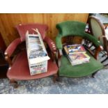 A NEAR PAIR OF VICTORIAN TUB FORM ARM CHAIRS ON TURNED LEGS.