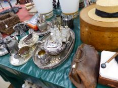 A QUANTITY OF PLATED WARES, A STRAW BOATER, CRUET SET, A SWAGGER STICK ETC.