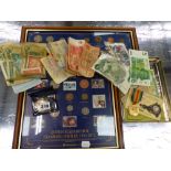 A SMALL COLLECTION OF WORLD BANK NOTES, A VICTORIAN CROWN IN PENDANT MOUNT, A MEDAL, RATION BOOKS,