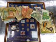 A SMALL COLLECTION OF WORLD BANK NOTES, A VICTORIAN CROWN IN PENDANT MOUNT, A MEDAL, RATION BOOKS,