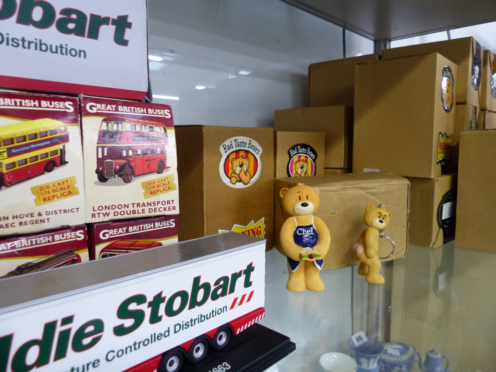 A COLLECTION OF BAD TASTE BEARS IN ORIGINAL BOXES, AND A DISPLAY SHELF, A QUANTITY OF DIE CAST