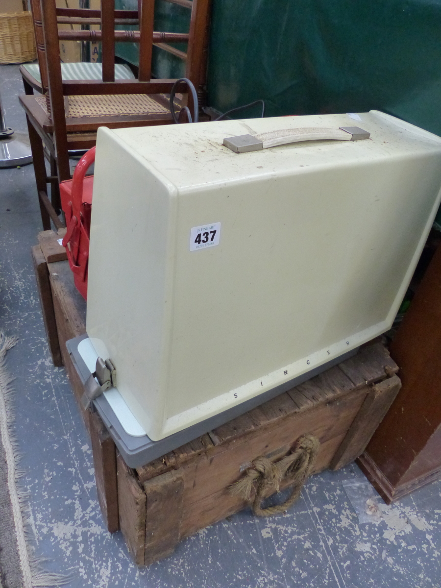 A SEWING MACHINE, A PAINTED SIDE CHAIR AND A TOOL BOX ETC.