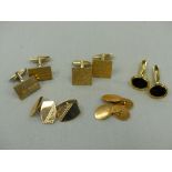 A PAIR OF 9ct GOLD HALLMARKED CUFFLINKS AND FURTHER PAIR OF 18ct GOLD CUFFLINKS AND THREE PLATED