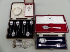 SILVER HALLMARKED NAPKIN RINGS, A FILIGREE BRACELET, SILVER COFFEE SPOONS, A SILVER CHRISTENING SET,