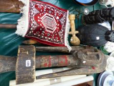 CARVED AFRICAN FIGURES, A MIRROR AND A LOW TABLE.