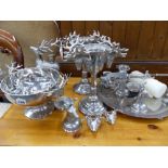 A GROUP OF PLATED CANDLESTANDS, WITH STAG DECORATION ETC.