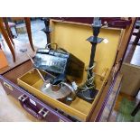A PAIR OF TABLE LAMPS, A SMALL JEWELLERY BOX, A BRIEF CASE, A SMALL WATERING CAN ETC.
