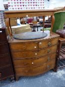 A REGENCY MAHOGANY BOW FRONT CHEST OF DRAWERS AND A BIJOUTERIE TABLE.