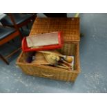 A VINTAGE HAMPER AND CONTENTS TOGETHER WITH THREE MODERN WALL MIRRORS.