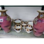 AN EDWARDIAN TEA SET AND TWO JAPANESE VASES.