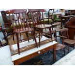 A VICTORIAN PINE KITCHEN TABLE, FOUR KITCHEN CHAIRS INC. AN OXFORD ARM CHAIR AND A COPPER FENDER.