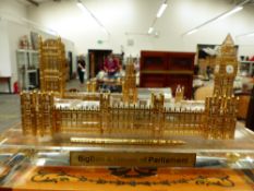 AN INLAID SMALL TABLE, GLASS MODEL OF THE HOUSES OF PARLIAMENT ETC.