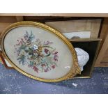 ANTIQUE NEEDLEPOINT PANEL, A WATERCOLOUR ETC.