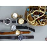 FOUR GENTS DRESS WRIST WATCHES, AND A QUANTITY OF COSTUME JEWELLERY.