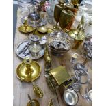 A QUANTITY OF BRASS PLATED WARES, CUT GLASS ETC.
