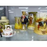 FOUR DOULTON SERIES WARE JUGS, A PORCELAIN DOG FIGURINE ETC.