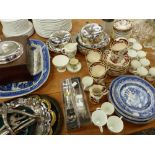 A MASONS BLUE MANDALAY PART TEA SET, WEDGWOOD COFFEE CANS, PLATED WARES, A WORK BOX ETC.