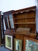 AN ANTIQUE PINE BOOKCASE AND A SMALL OAK BUREAU BOOKCASE.