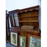 AN ANTIQUE PINE BOOKCASE AND A SMALL OAK BUREAU BOOKCASE.