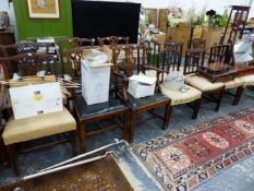 A SET OF FOUR GEORGIAN MAHOGANY DINING CHAIRS, A FURTHER PAIR OF GOTHIC BACK CHAIRS, AND SEVEN