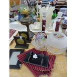 AN OIL LAMP, PICTURE FRAMES ETC.