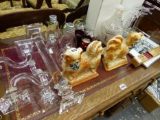 A PAIR OF STAFFORDSHIRE TYPE DOGS, DECORATIVE GLASSWARES, ETC.