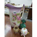 A WASH JUG, A GLASS SCENT BOTTLE, COALPORT JAR ETC.