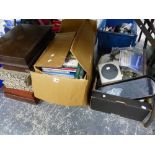A QUANTITY OF BOOKS, VARIOUS CUTLERY BOXES, GLASS LIGHT SHADES, ETC.