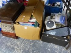 A QUANTITY OF BOOKS, VARIOUS CUTLERY BOXES, GLASS LIGHT SHADES, ETC.