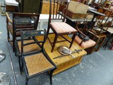 A VICTORIAN EBONISED AND PAINTED OCCASIONAL TABLE, A PAIR OF REGENCY SIDE CHAIRS, A LATE GEORGIAN