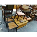 A VICTORIAN EBONISED AND PAINTED OCCASIONAL TABLE, A PAIR OF REGENCY SIDE CHAIRS, A LATE GEORGIAN